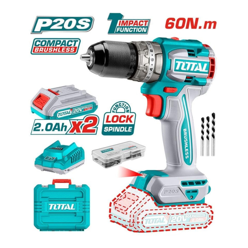 TOTAL LI-ION AKÜLÜ DARBELİ KÖMÜRSÜZ MATKAP TIDLI20602E